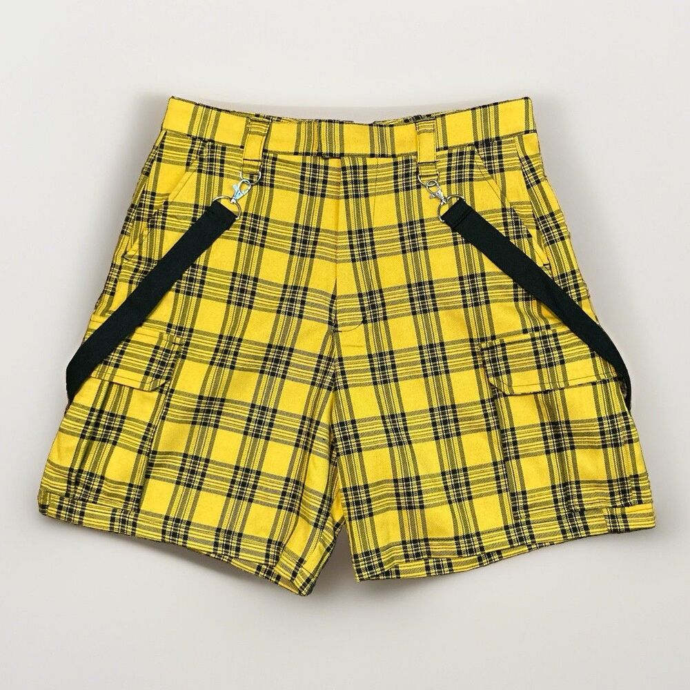 Yellow Plaid Cargo Suspender Bermuda Shorts Womens Sz L